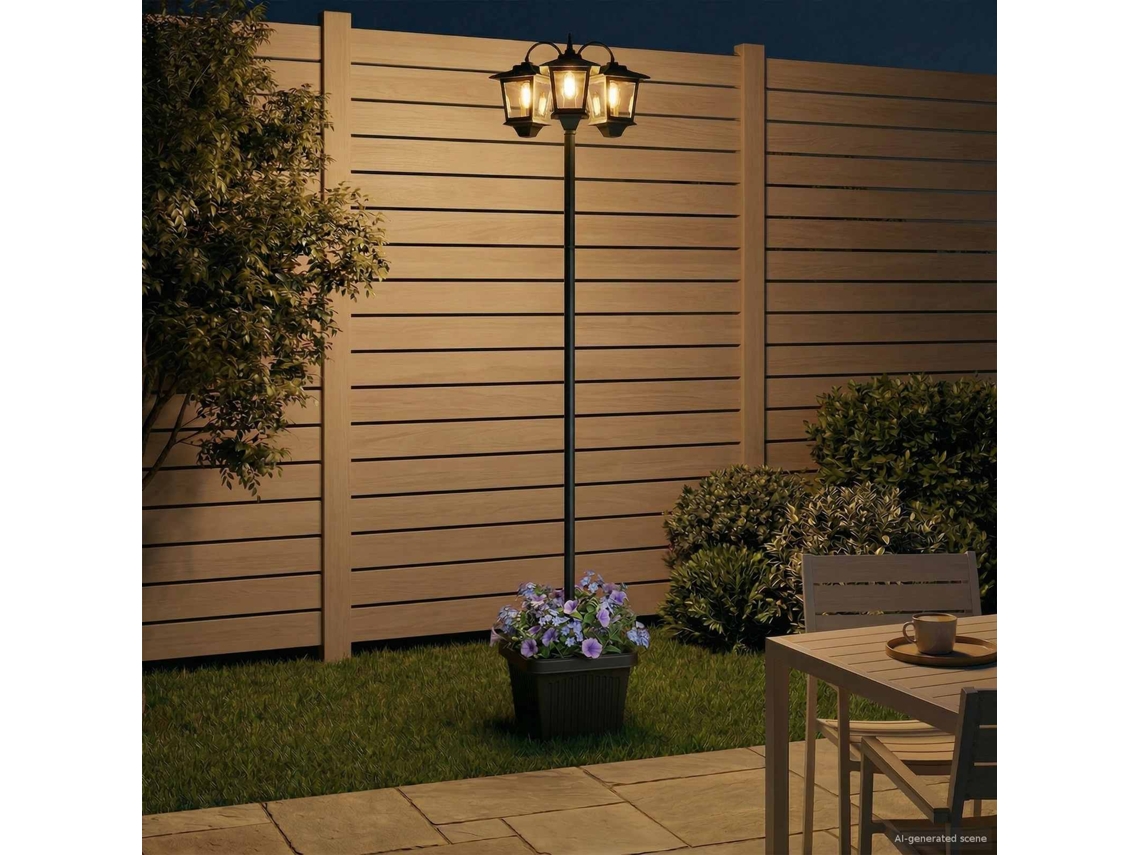 Vidaxl Luminária De Poste Com 3 Cabeças E Jardineira Preto