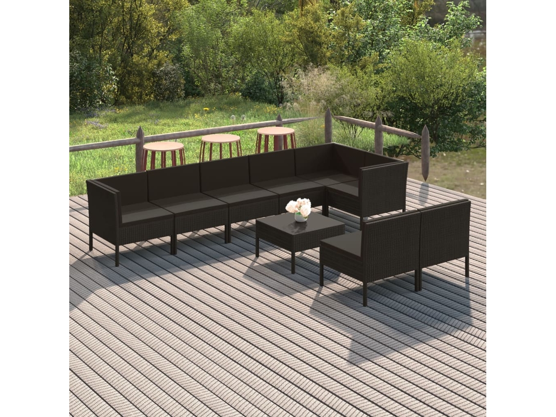 Vidaxl 9 Pcs Conjunto Lounge De Jardim C/ Almofadões Vime Pe Preto