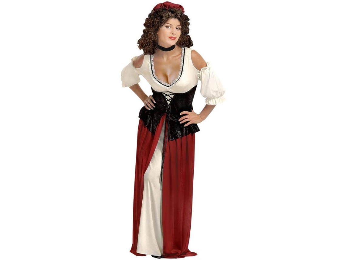 Fato de taberneiro medieval com colar e cocar para mulher