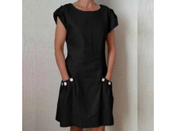 2026 vestido Curto de Manga Curta para Mulher em Cor Solida com Gola Redonda e Bolso Verão Casual Boho