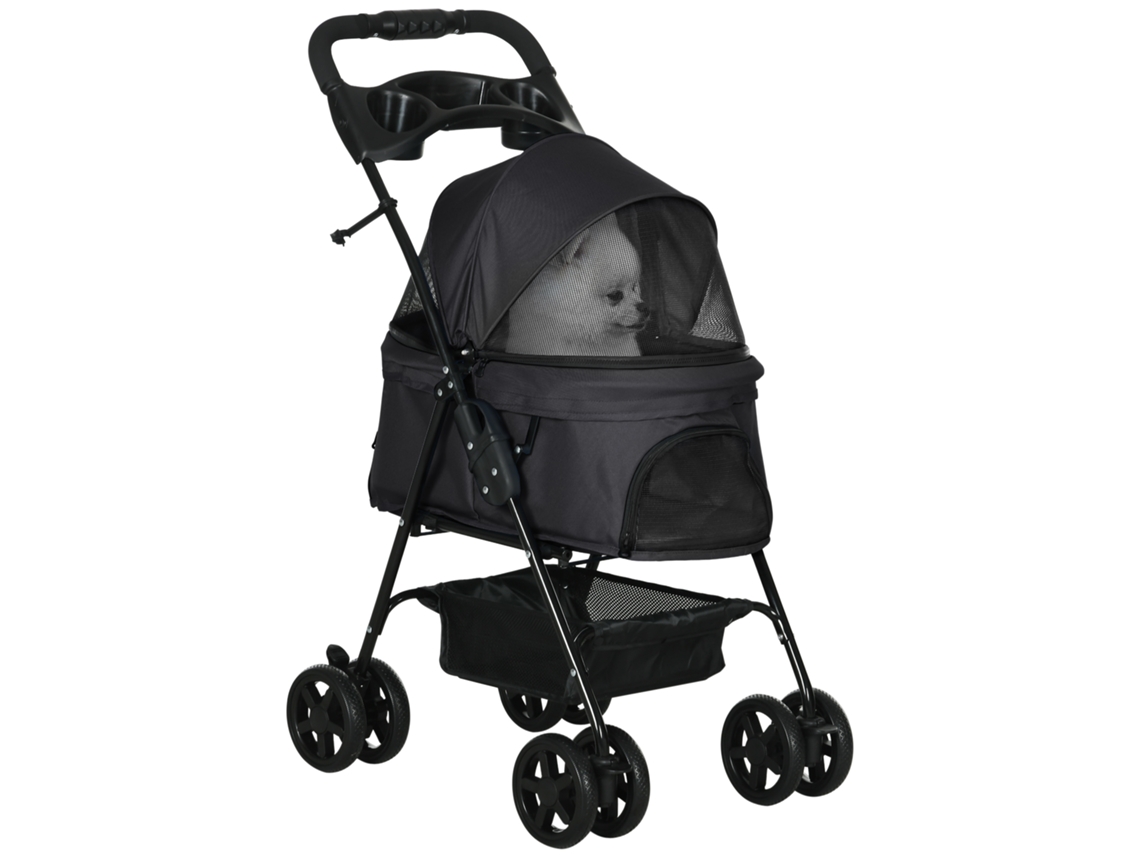 Carrinho Leve Dobrável para Cães Pequenos, Rodas Giravels, Guia de Segurança, Cesta de Armazenamento, Estrutura Sólida, 67x45x96cm, Preto