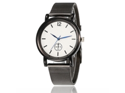 Relógio de pulso feminino moderno com mecanismo de quartzo, mostrador redondo e pulseira de metal.