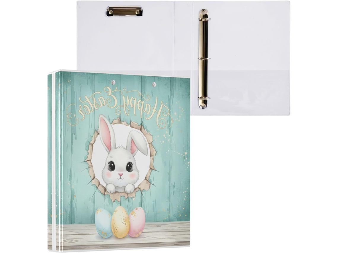 Pasta de 3 Argolas para Papel Tamanho Carta , Coelhinho da Páscoa Redondo e Fofo com Porta pra (27,9 X 21,6 Cm)