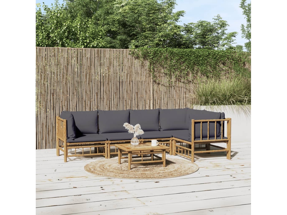 Vidaxl 6 Pcs Conjunto Lounge Jardim Bambu C/ Almofadões Cinza-escuro