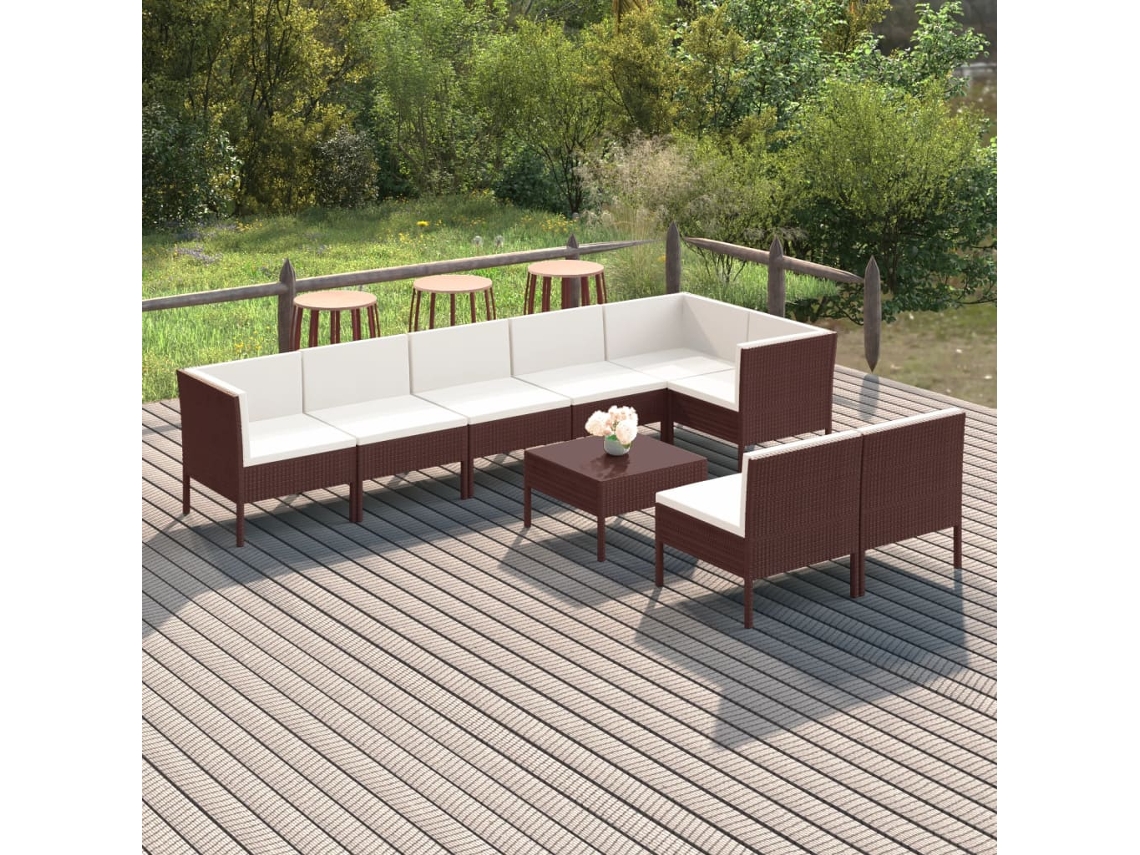 Vidaxl 9 Pcs Conjunto Lounge Jardim C/ Almofadões Vime Pe Castanho