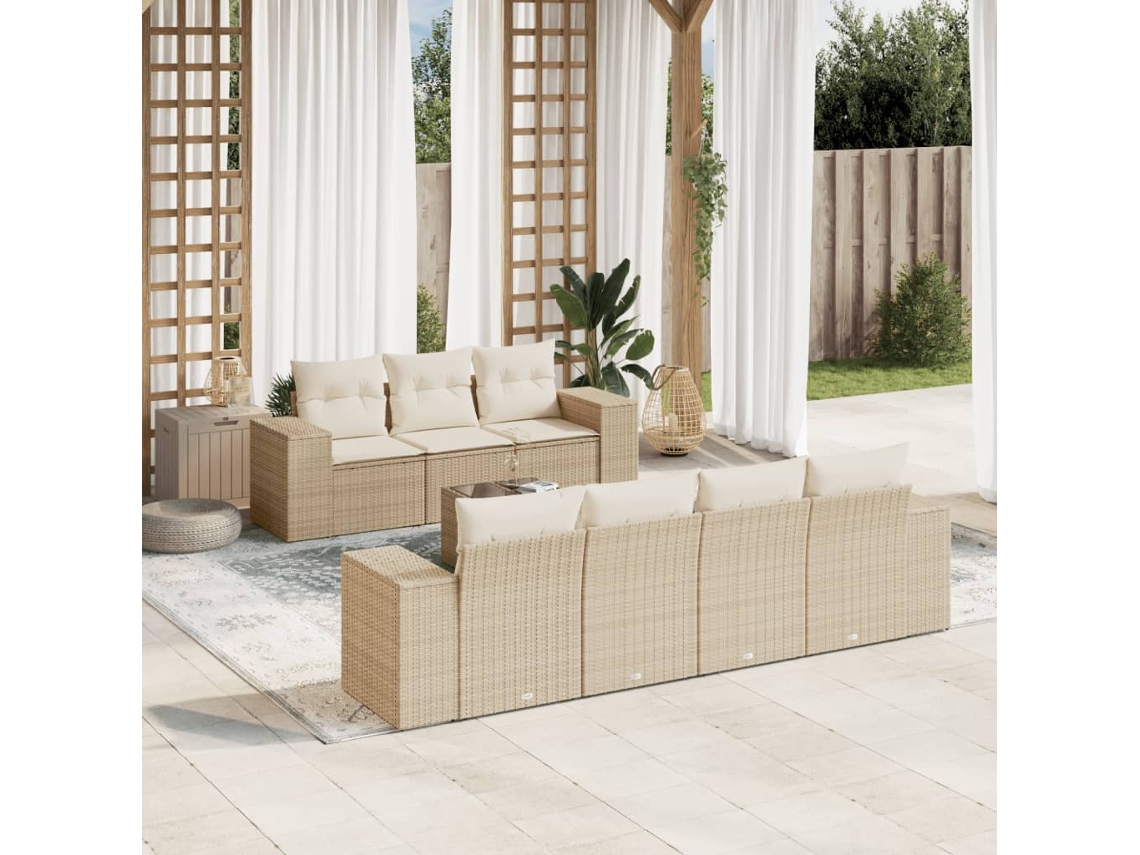 Vidaxl 8 Pcs Conjunto De Sofás P/ Jardim Com Almofadões Vime Pe Bege