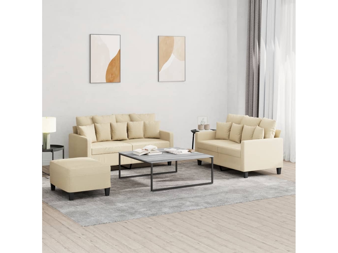 Vidaxl 3 Pcs Conjunto De Sofás Com Almofadões Tecido Cor Creme