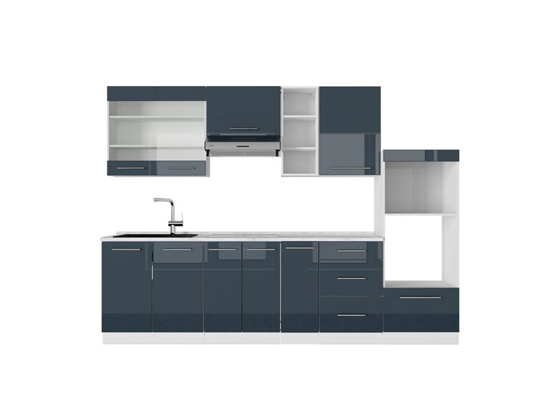 Cozinha Fame-Line, 280 cm, Mármore PT, azul escuro brilhante/branco, VICCO