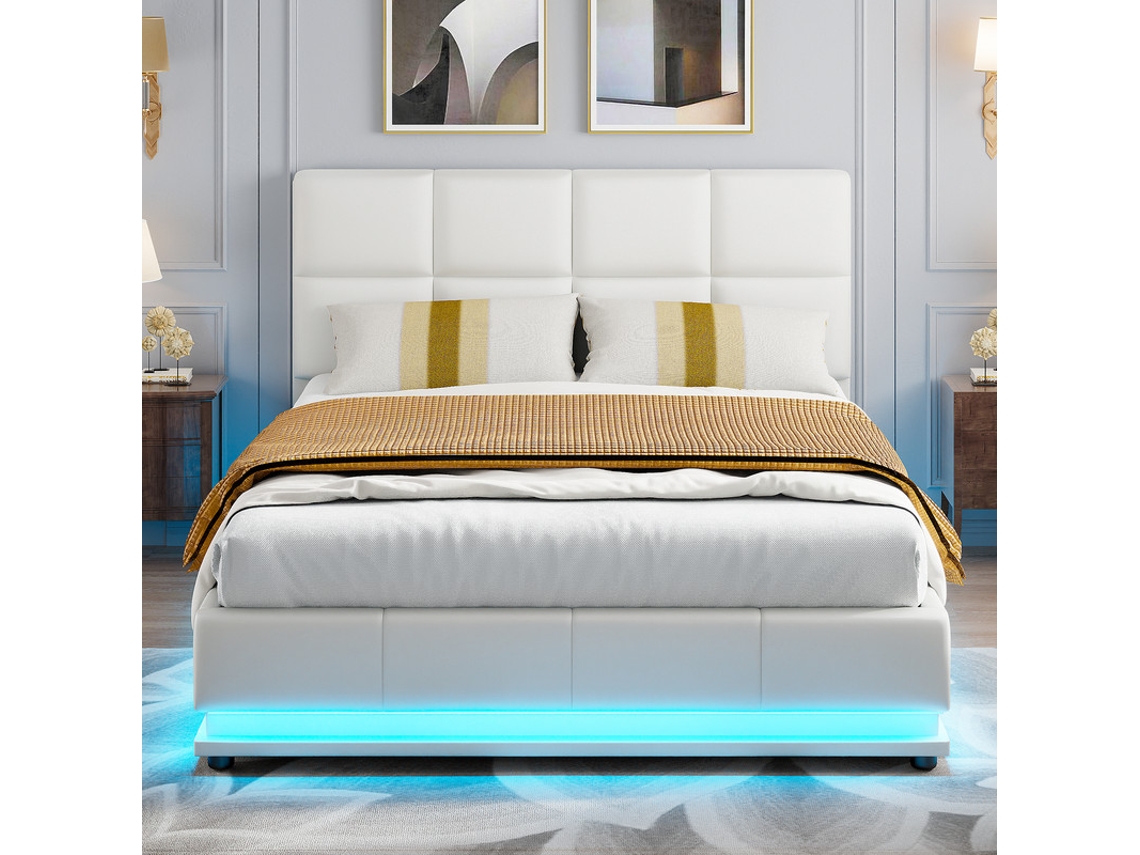 Cama Hidráulica Led 140x190 Cm Com Armazenamento 35 Cm, Pu Branca, Luzes Led 16 Cores, Mecanismo Hidráulico Suave, Design Moderno