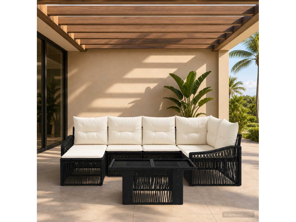 Vidaxl Conjunto De Sofá De Jardim 7 Unid. Preto E Branco Creme Vime Pe