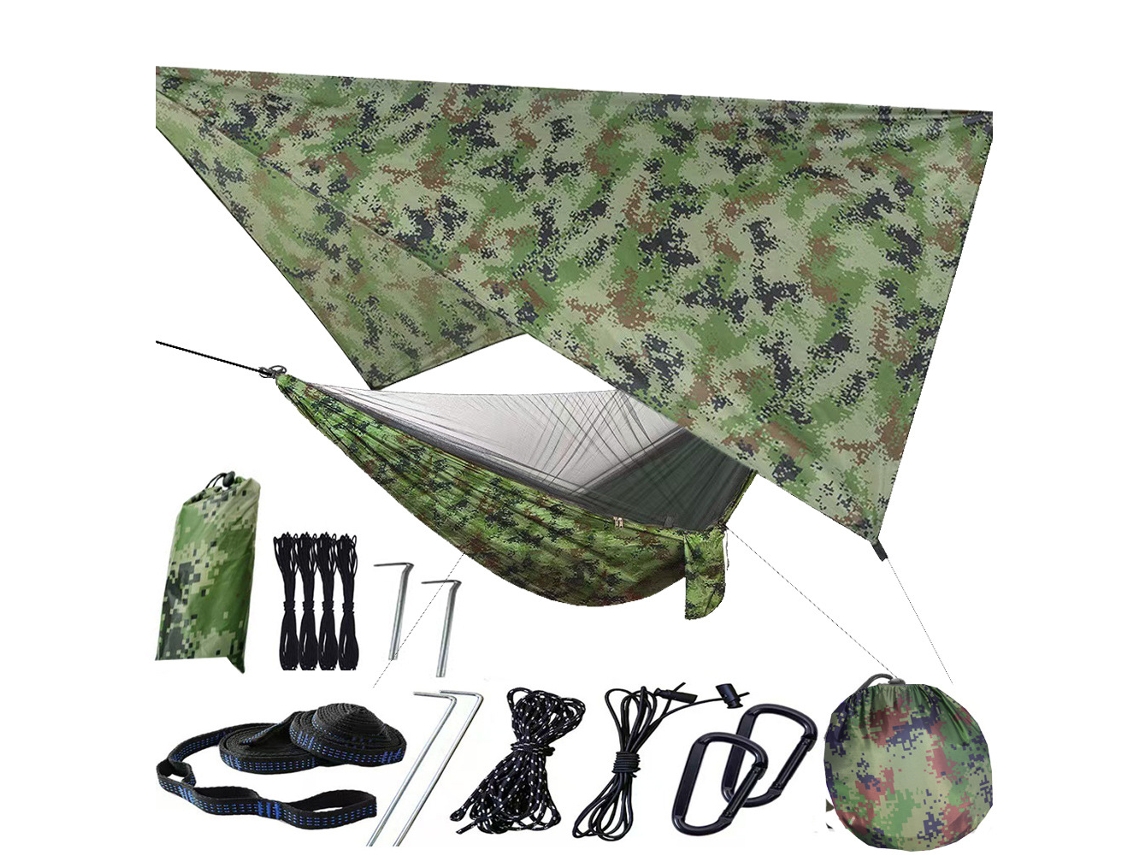 Rede de acampamento com mosquiteiro e sobreteto 260 x 140 cm Nylon leve para viagens, caminhadas, piqueniques, jardim Azul Cinza Zeuxo
