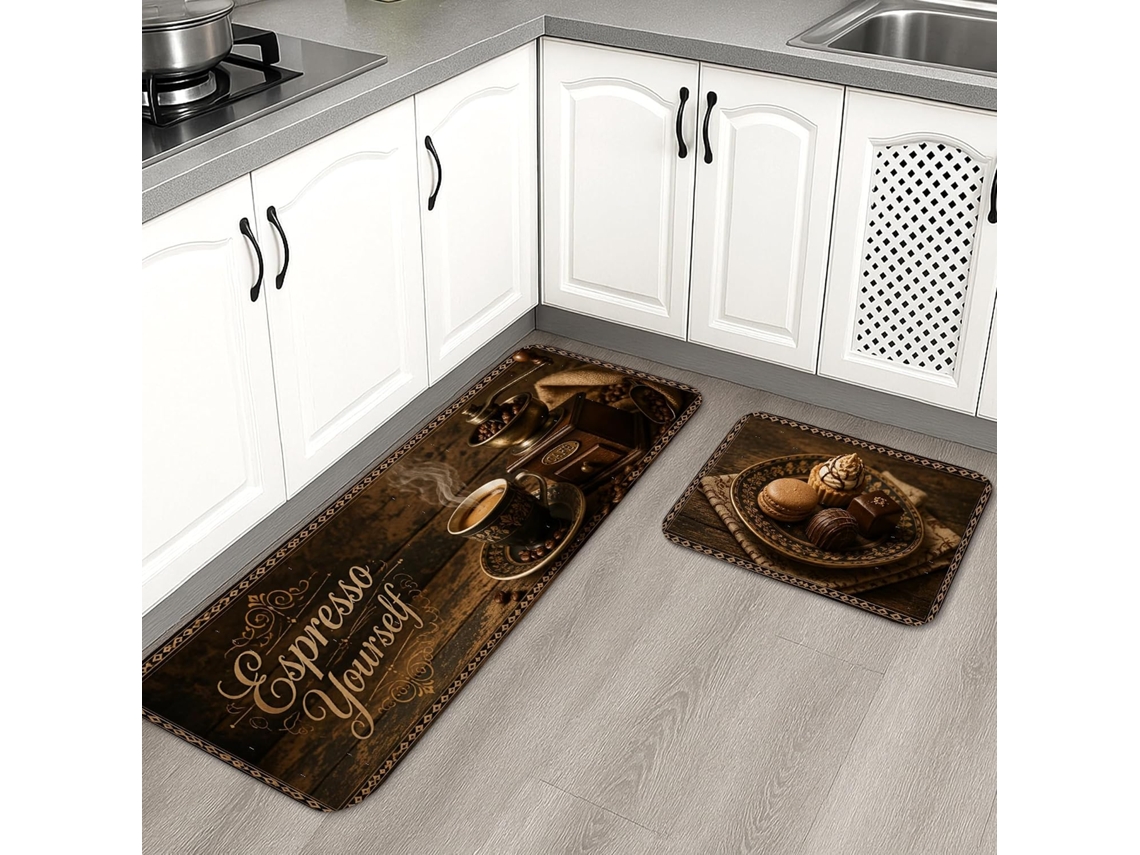 Tapetes de cozinha clássicos com estampa marrom, Macios, acolchoados, confortáveis e laváveis, ideais para pisos de cozinha.