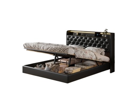 Cama Estofada 180x200 Cm, Cama De Casal Com Led E Usb, Cama Com Arrumação Hidráulica E Cabeceira, Cama Juvenil Com Estrado De Ripas, Pu Mexus
