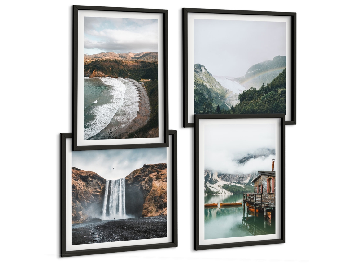 Pinturas Murais Modernas Folhas Verdes Na Janela, Plantas Moldura Preta Pinturas De Quarto Espelharte (conjunto De 4 Imagens)