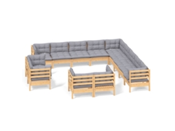 Conjunto de 13 Lounge de Jardim com Almofadões Cinza Pinho Maciço MAISON EXCLUSIVE