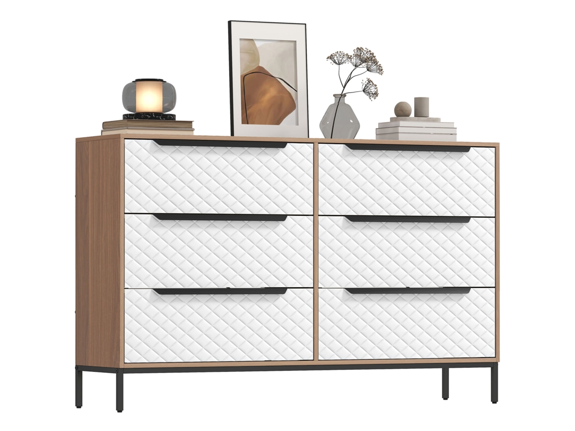 Cômoda com 6 Gavetas de Tecido, Frente com Padrão de Losango para Sala de Estar, Escritório, Camarim Natural e Branco Ge