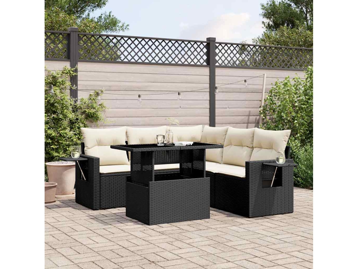 Vidaxl 6 Pcs Conjunto Sofás De Jardim C/ Almofadões Vime Pe Preto