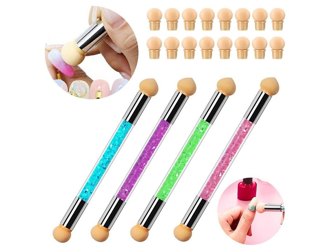 Kit 4 Pincéis Sponge para Efeito Gradiente Unhas com 16 Cabeças Substituíveis e Cabo de Rhinestone