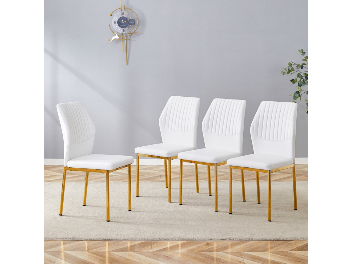 Conjunto 4 Cadeiras Jantar Pu Branco Relevo Vertical Dourado