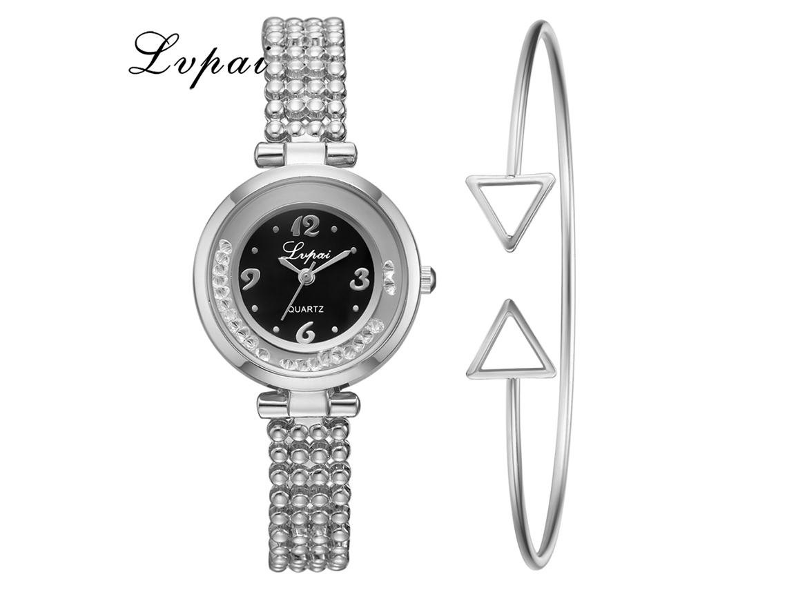 Relógio de Pulseira Feminino de Quartzo Casual com Strass Elegante Prata Preto