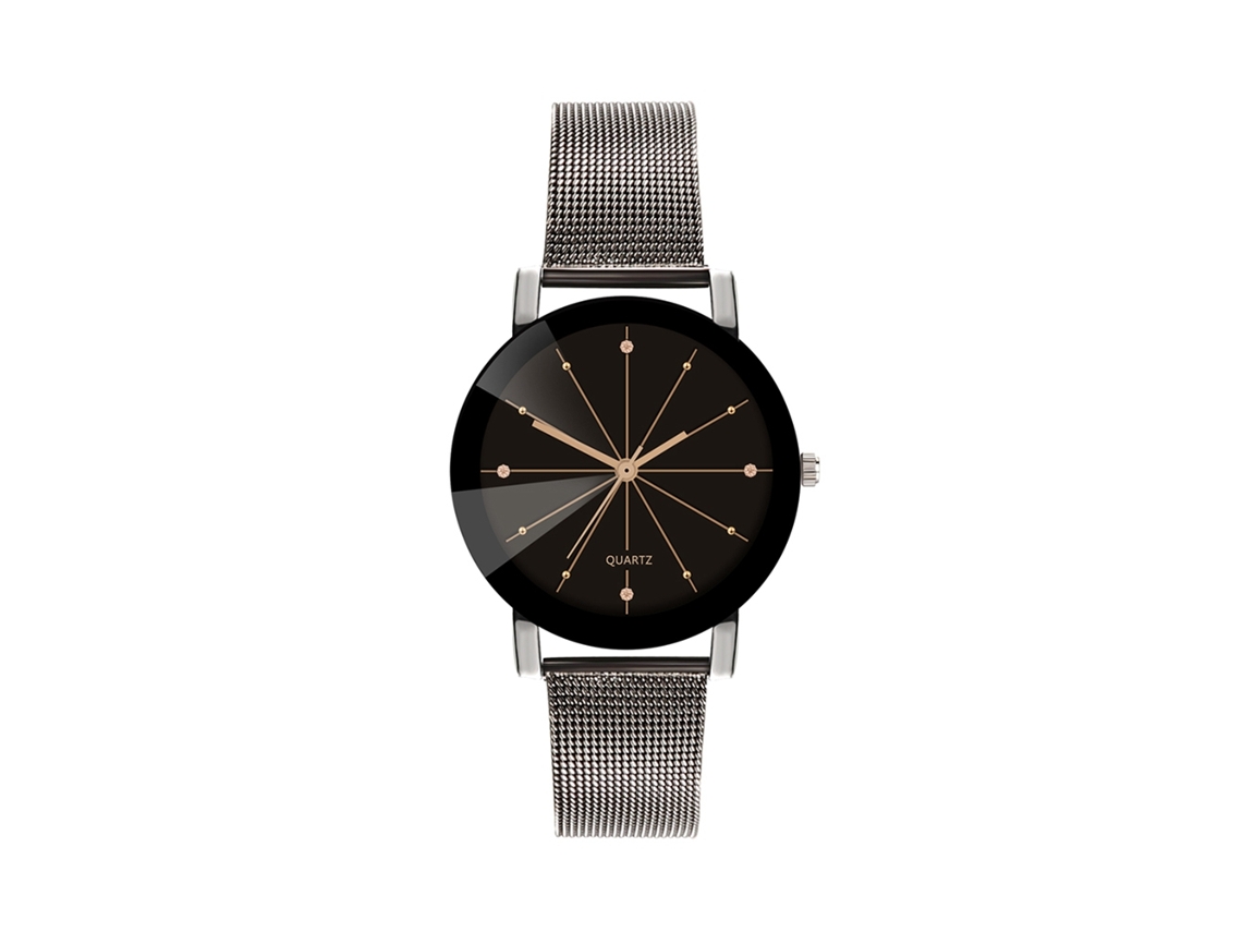 Relógio de quartzo unissex com pulseira de malha, mostrador com strass, moderno (preto feminino)