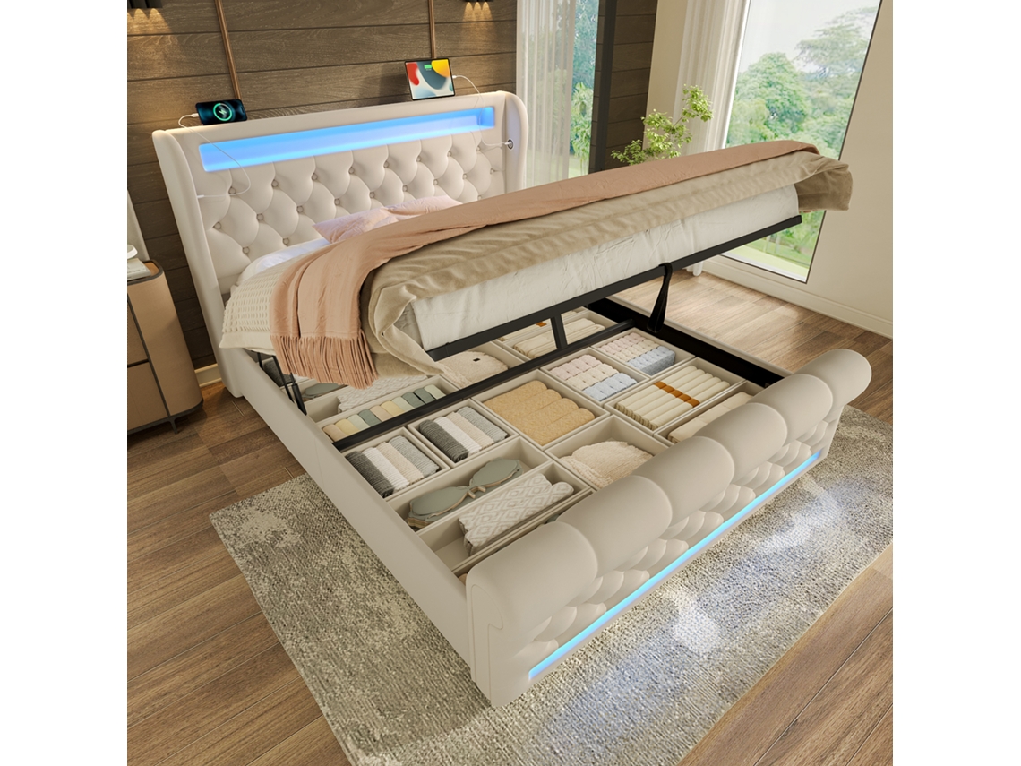 Cama Casal Estofada Veludo 140x190 Led Usb Hidráulica Bege