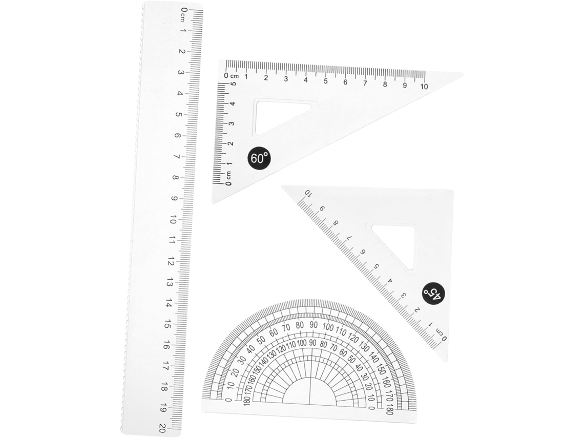 Régua triangular de 20 cm, conjunto de 4 peças, ABS transparente para medição.