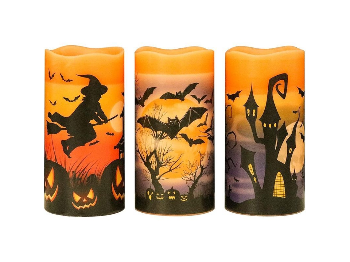 Velas Led Sem Chama com Timer 6h, Decalques Bruxa, Morcegos, Castelo Conjunto de 3