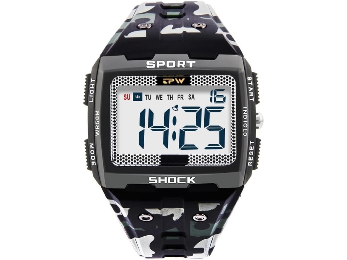 Lurelia Relógio Digital Masculino, Movimento De Quartzo, Visor Digital, Cronógrafo, Alarme, 12/24h, 51 Mm, Resina, Resistente À Água, Preto
