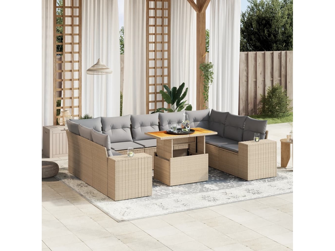 Vidaxl 10 Pcs Conjunto De Sofás P/ Jardim Com Almofadões Vime Pe Bege