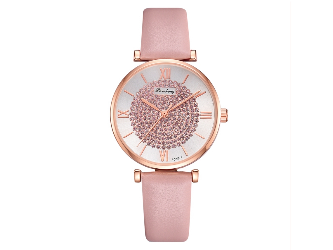 Relógio de Pulso Unissex de Moda Simples Pulseira Pu Analógico Quartzo Casual Rosa