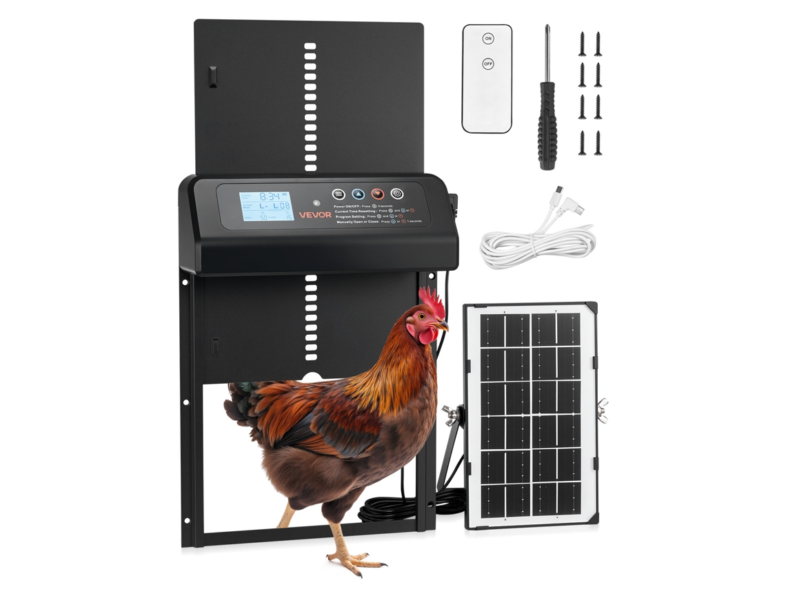 Porta automática para galinheiro VEVOR com energia solar e bateria, sistema anti-entrada e visor LCD.