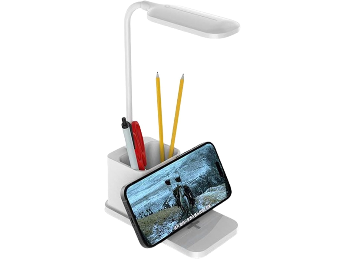 Luminária de mesa com intensidade regulável e carregador USB para celular.