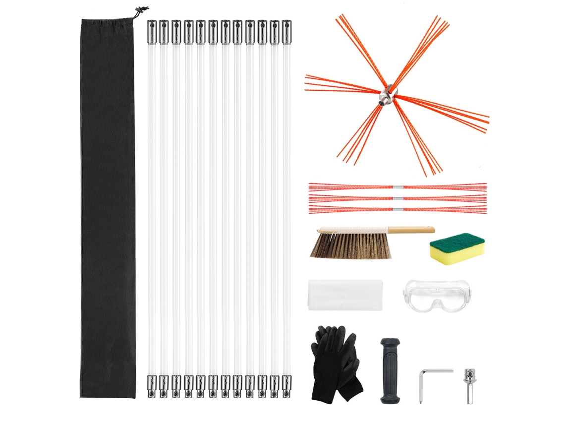 Kit de Escova Limpeza Chaminé, Vareta Flexível Nylon 12 M, 3 Reposições Cerdas, Luvas, Óculos Proteção, Bolsa, Desentupidor Chaminé 90° para Chaminés