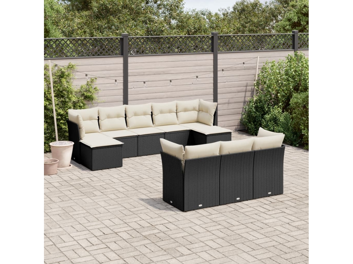 10 Pcs Conjunto Sofás De Jardim C/ Almofadões Vime Pe Preto Dkd Home Decor