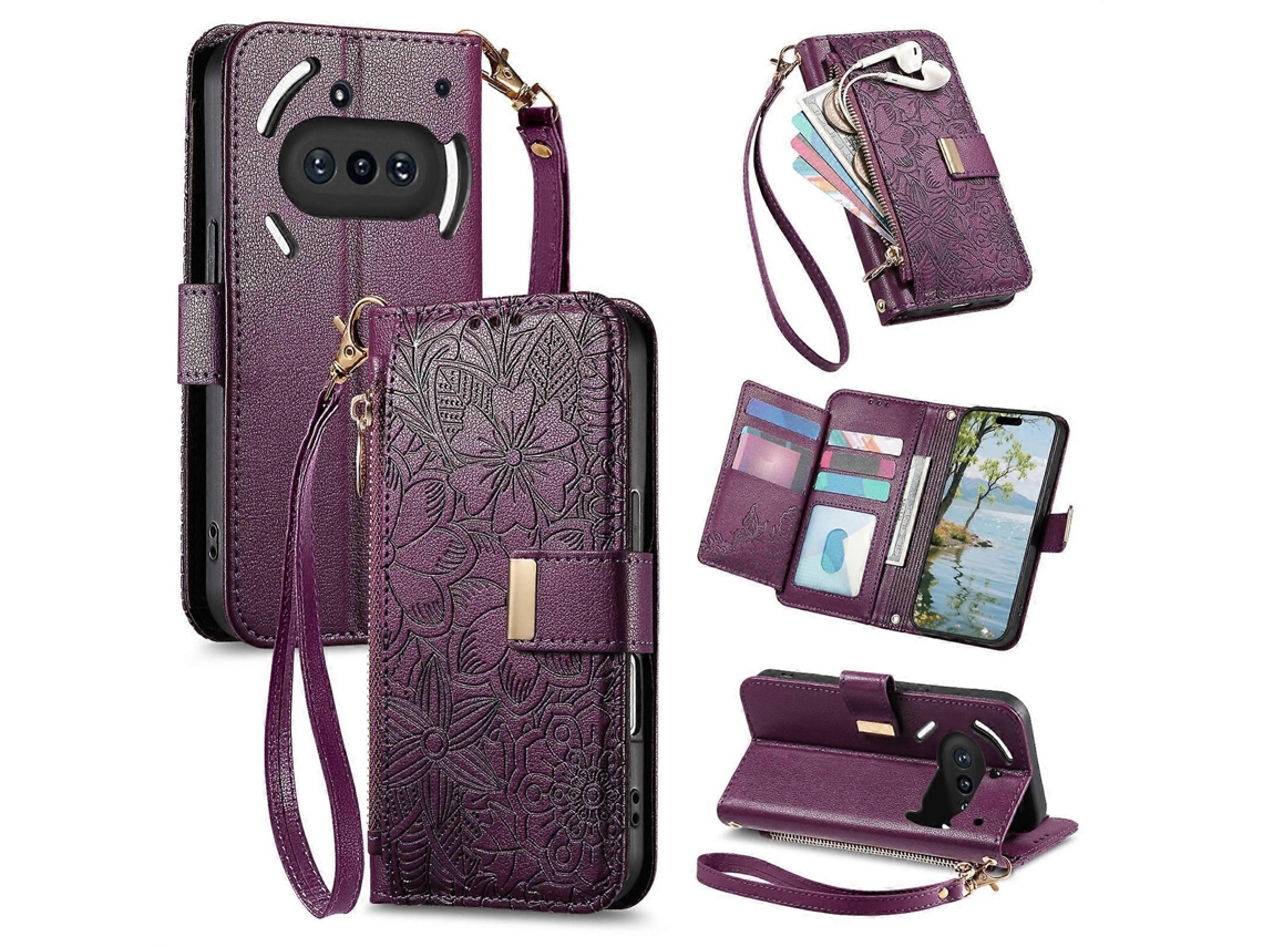 Capa De Celular Carteira De Couro Com Zíper, Estampa De Flores E Folhas, Com Alça, Para Nothing Phone 3a