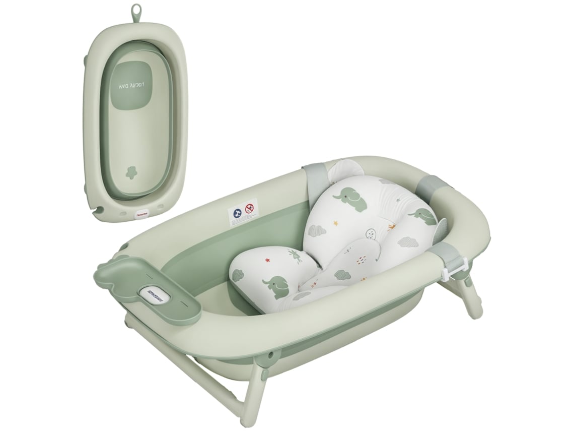 Banheira Dobrável para Bebê 0 3 Anos, Prateleiras e Toalha, Furos de Drenagem, Fundo Antiderrapante, Pp, Poliéster e Tpe, 86x53x25,5cm, Verde