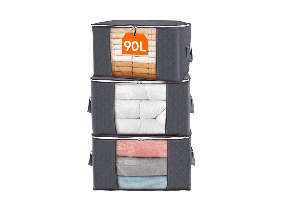 Conjunto De 3 Sacos De Armazenamento Para Roupas De 90l Com Tampa, Alça Reforçada E Tecido Grosso, Cinza