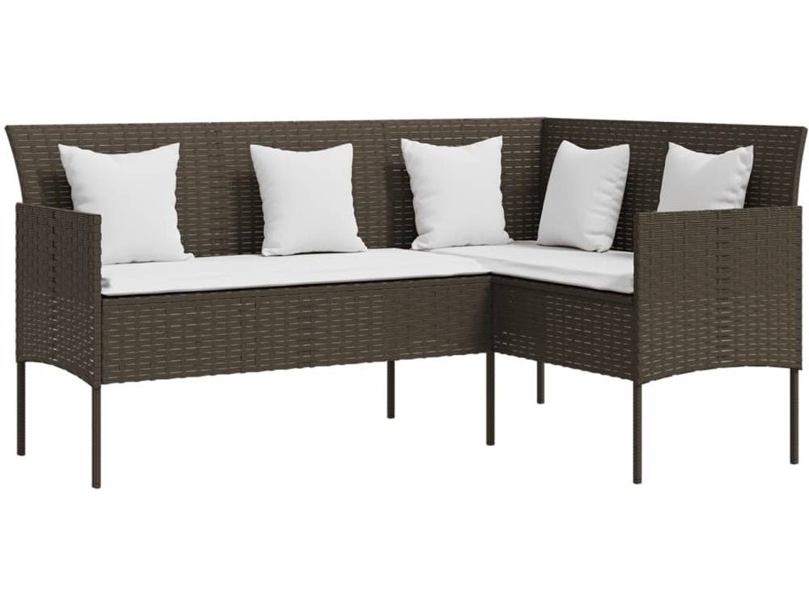 vidaXL Sofá formato em L com almofadões vime PE castanho Worten.pt