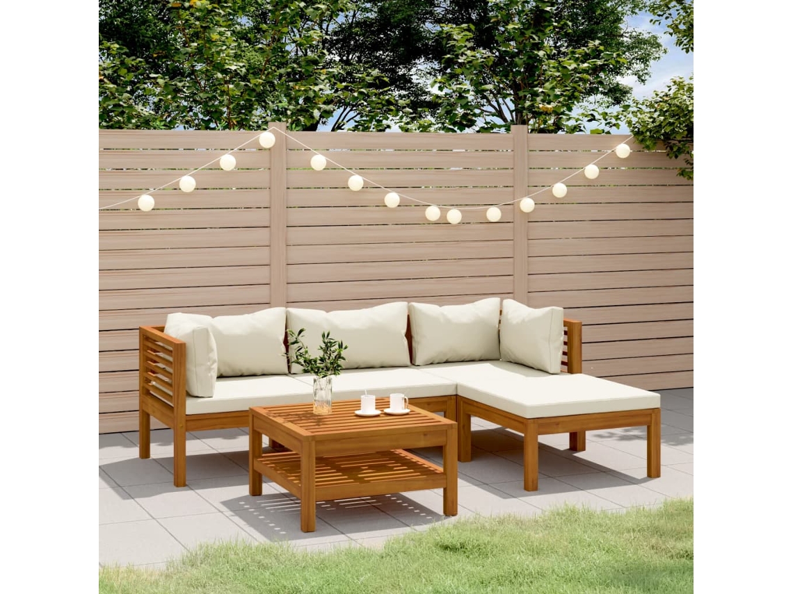 Vidaxl 5 Pcs Conjunto Lounge Jardim C/ Almofadões Creme Acácia Maciça