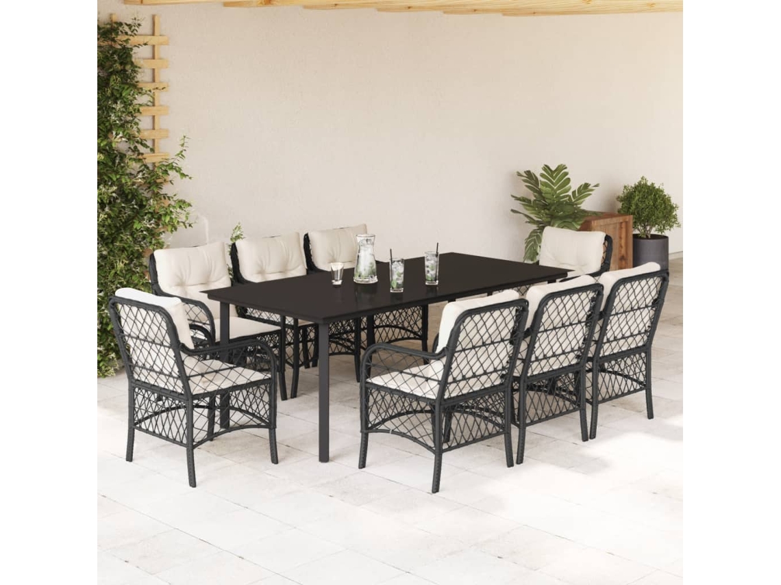 Vidaxl 9 Pcs Conjunto De Jantar P/ Jardim C/ Almofadões Vime Pe Preto
