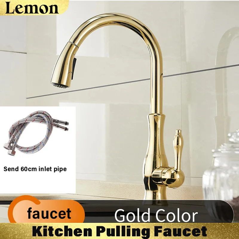 Torneira De Cozinha (gold G1/2) Com Bica Giratória De 360°, Ducha Extensível E Misturador De Água Quente E Fria.