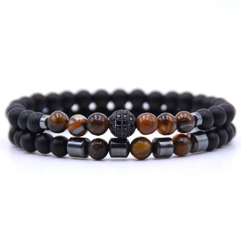 Pulseira Masculina Com Contas De Zircônia Preta Cravejadas Em Pavé, Com 6 Mm De Diâmetro, E Contas De Hematita.