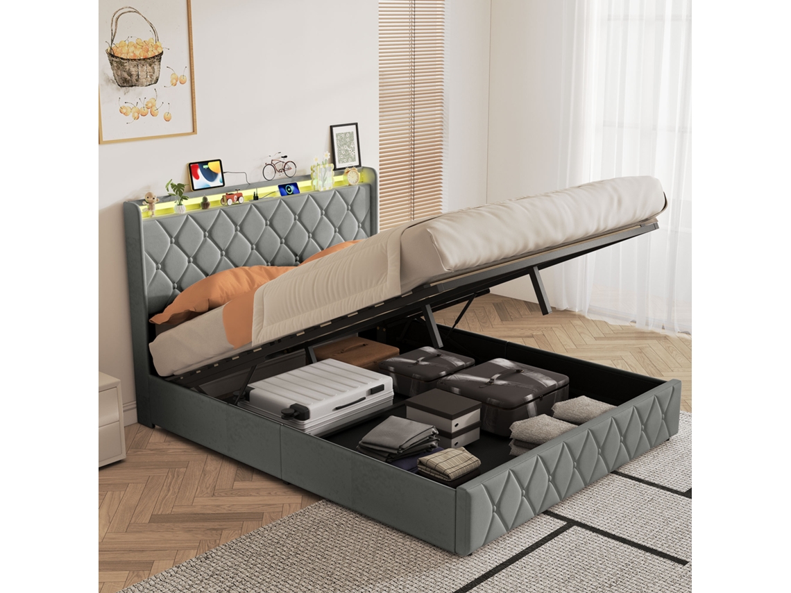 Cama Estofada 160x200 Cm Com Arrumação, Estrado Elevatório Hidráulico, Cabeceira Acolchoada, Usb/type-c E Iluminação Led, Cinzento