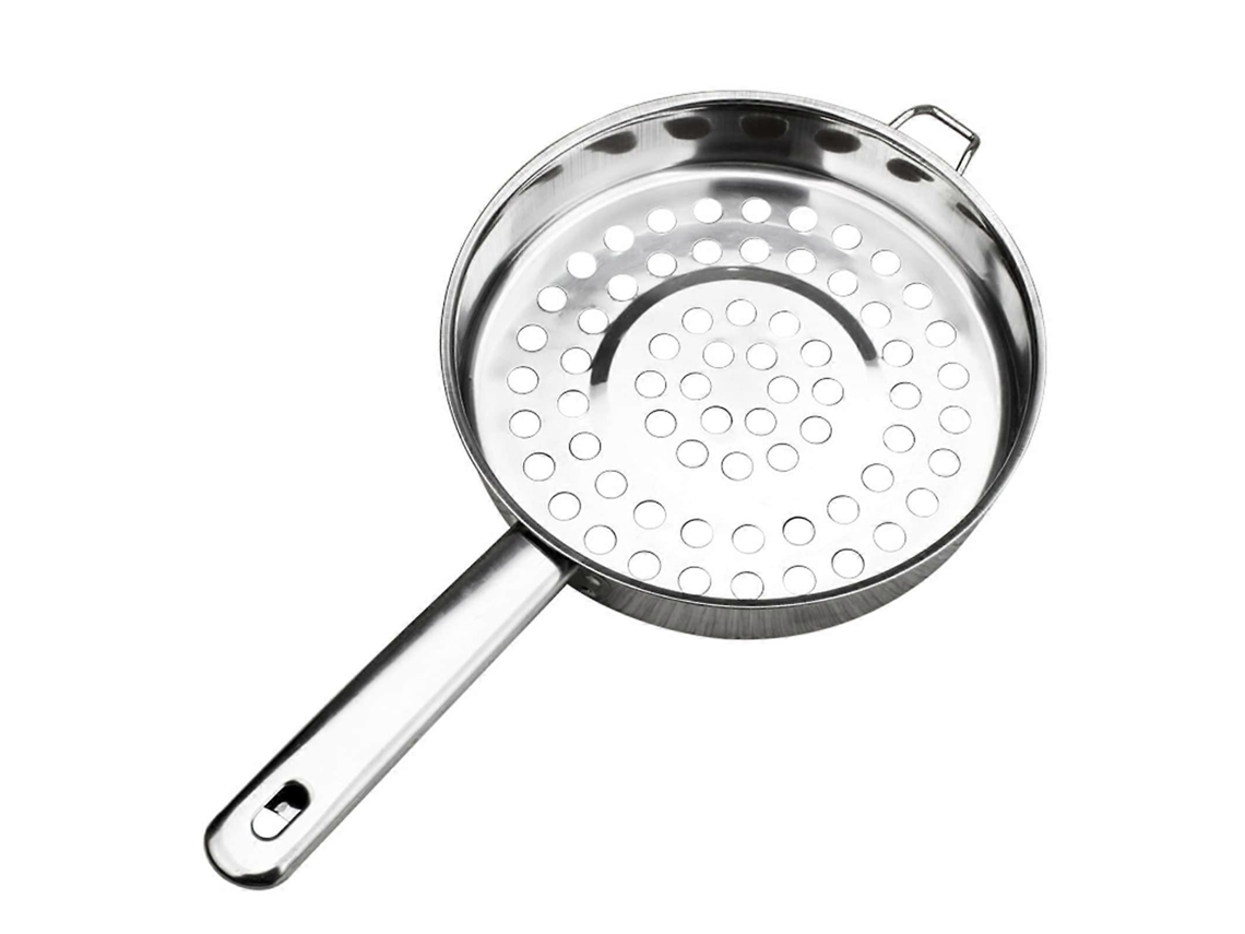Escorredor De Malha De Aço Inoxidável Com Cabo Longo, Fundo Plano, Ideal Para Fritar E Escorrer Alimentos.