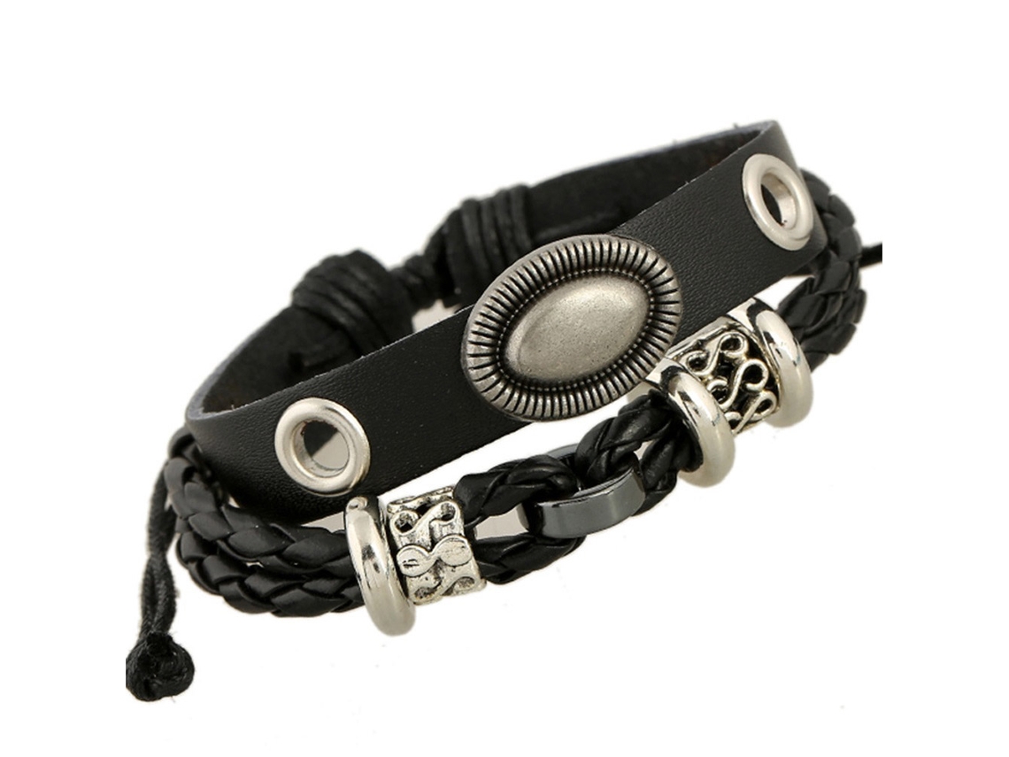 Pulseira De Couro Pu Vintage Punk Estilo Dupla Camada Ajustável