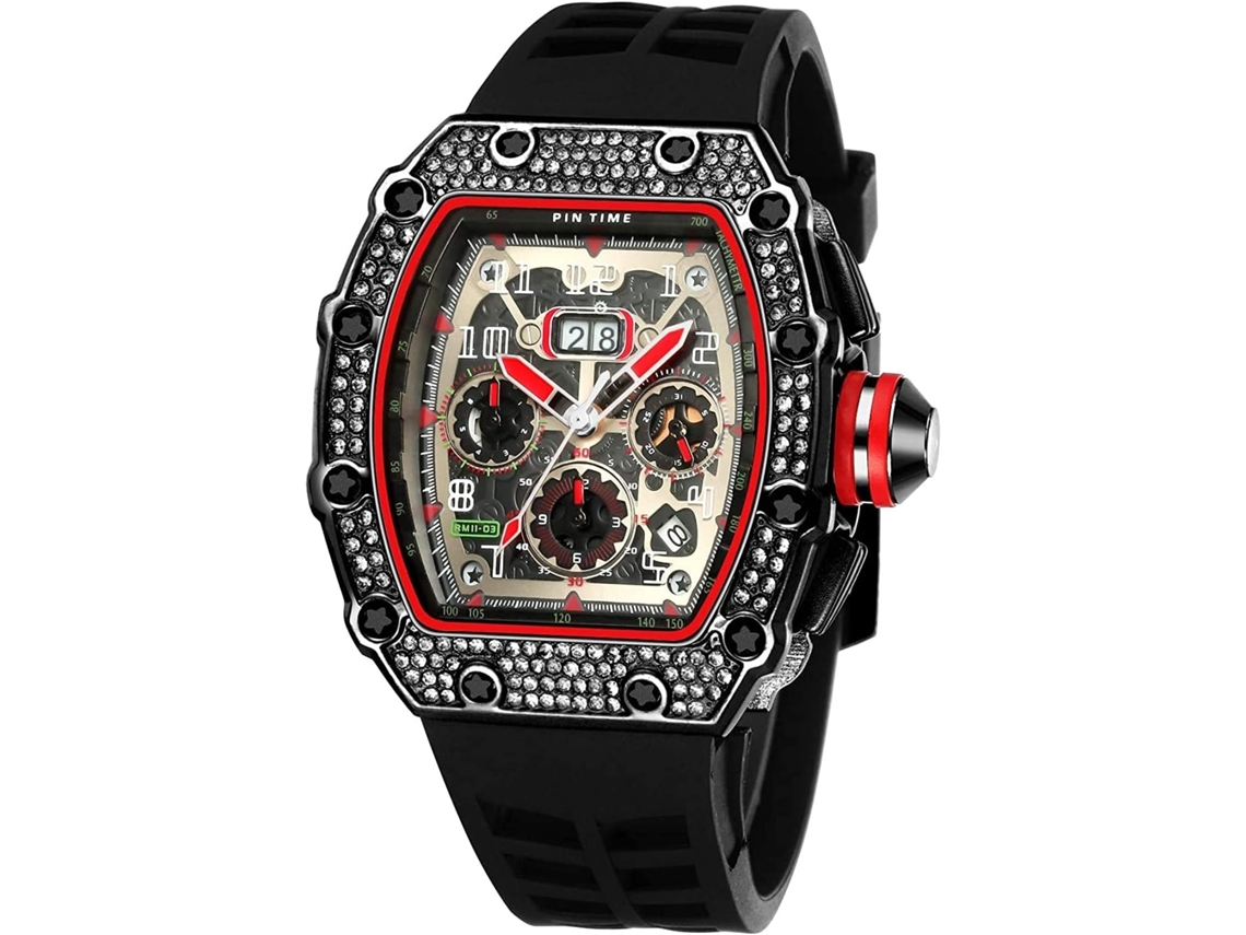 Lurelia Relógio Mecânico Masculino, Cronógrafo, Data/calendário, Luminoso, Mostrador Esqueleto, 44 Mm, Aço Inoxidável, Silicone, Resistente À Água