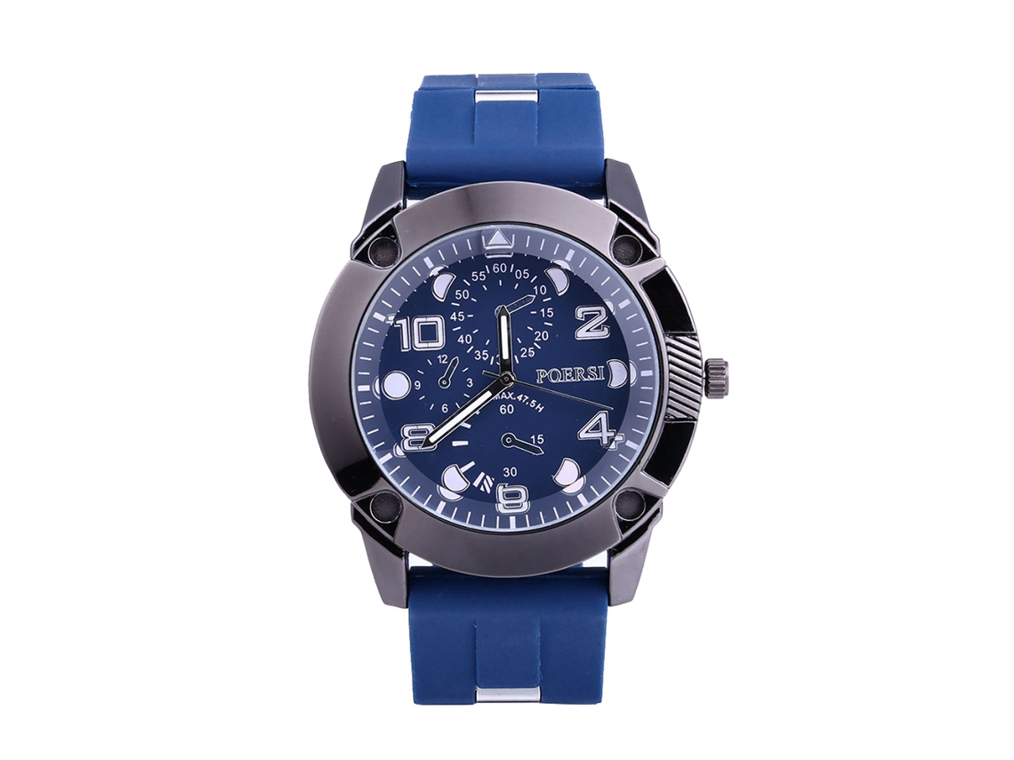 Relógio casual masculino com três fusos horários e pulseira de silicone azul royal.