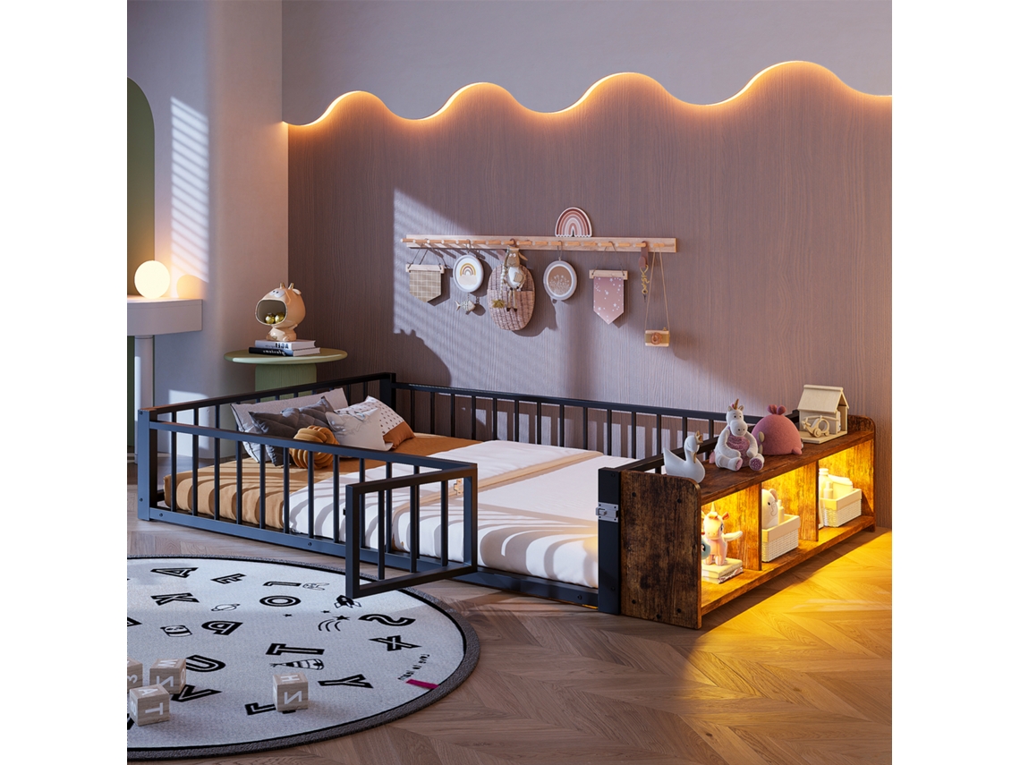 Cama Baixa 140 X 200 Cm - Sem Colchão, Com Grades Laterais, Compartimentos De Arrumação, Luzes Led - Preto