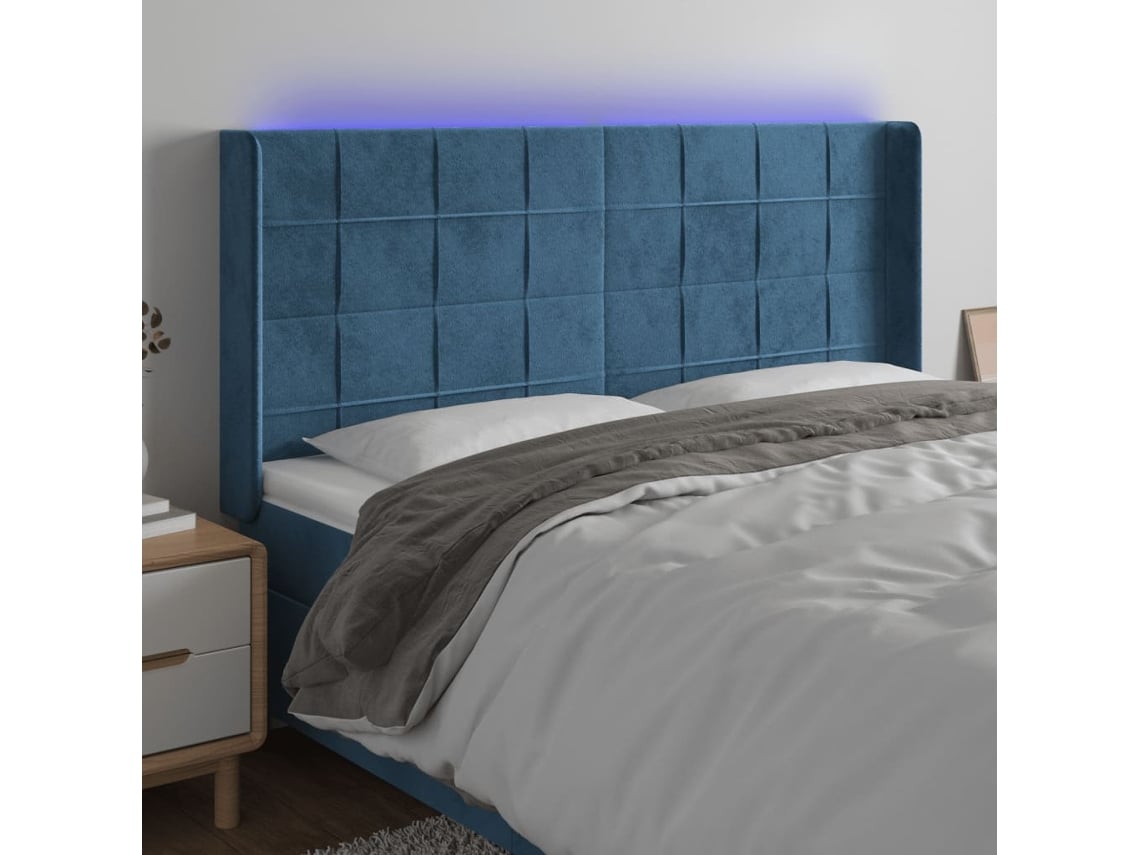 Cama com Cabeceira Luzes Led PANGSHIYUAN Madeira Veludo Azul (203x16x118)